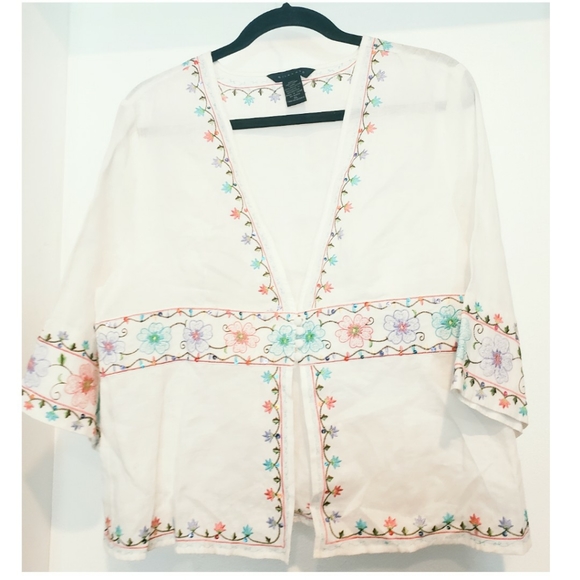 SilkLand Tops - Silkland White Embroidered Linen Kimono Top XL